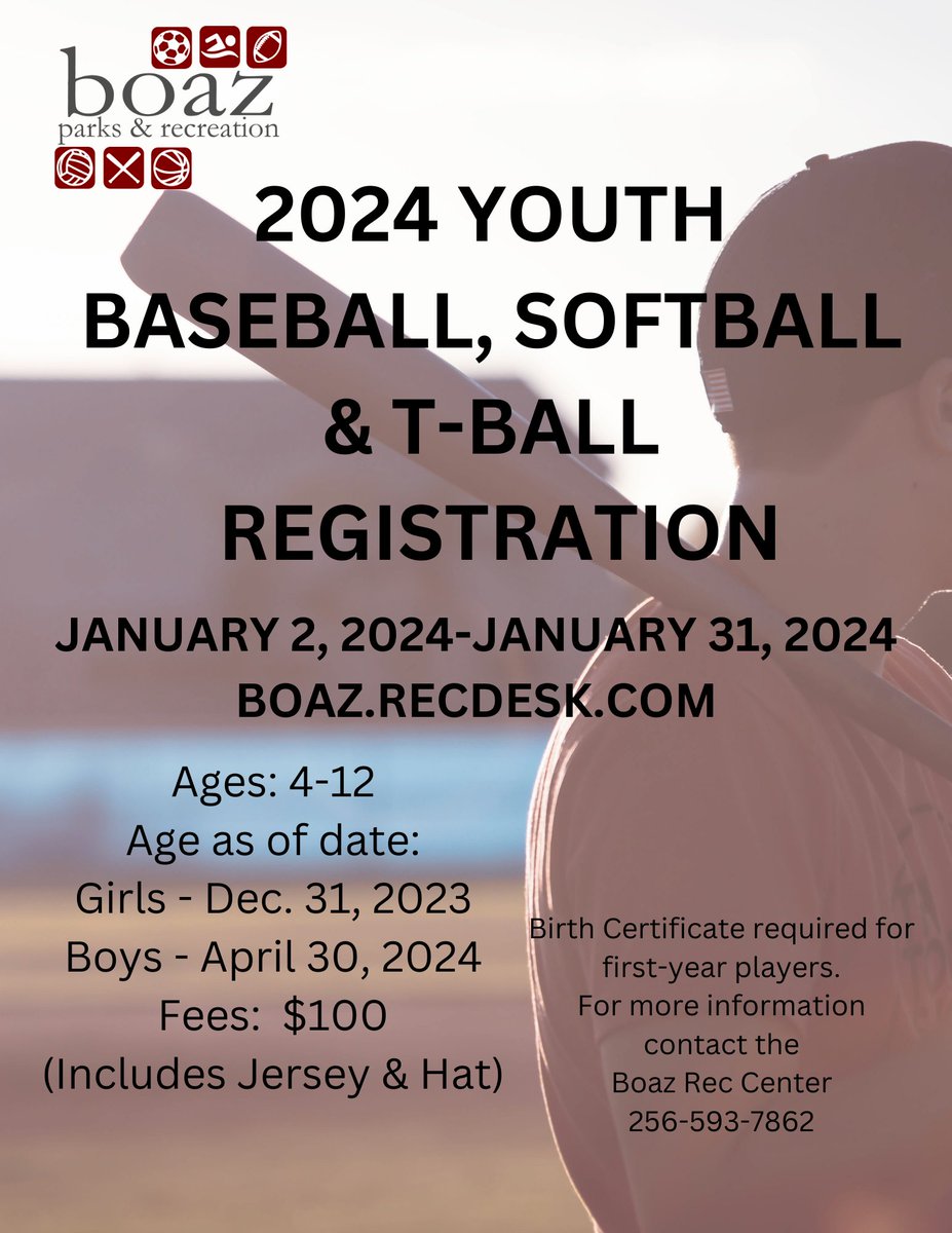 boazrec's tweet photo. Registration for the 2024 Youth Baseball, Softball and T-Ball season is open. Please go to https://t.co/YIEyFvsYmx to register or come by the Rec Center to register in person. The registration fee is $100 and includes a jersey and hat. Registration ends on January 31st https://t.co/NbKzfjMM2R