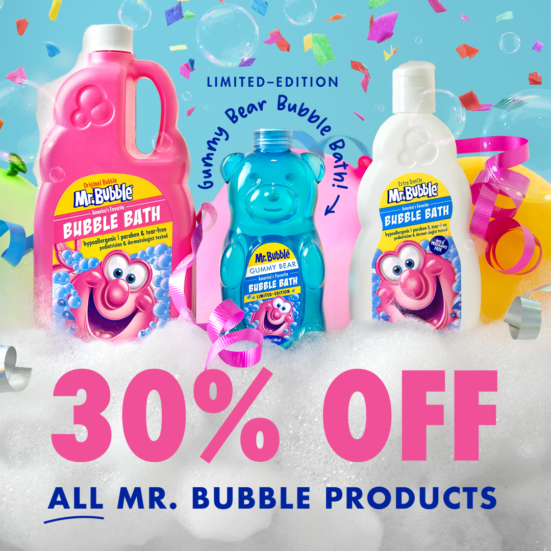 MrBubble's tweet image. National Bubble Bath Day is officially Jan. 8... but because it's my favorite holiday, I'm celebrating ALL WEEK! Right now, take 30% off everything including my NEW, fruity-fun Gummy Bear Bubble Bath. Get your paws on some today! 

#mrbubble #nationalbubblebathday #sale