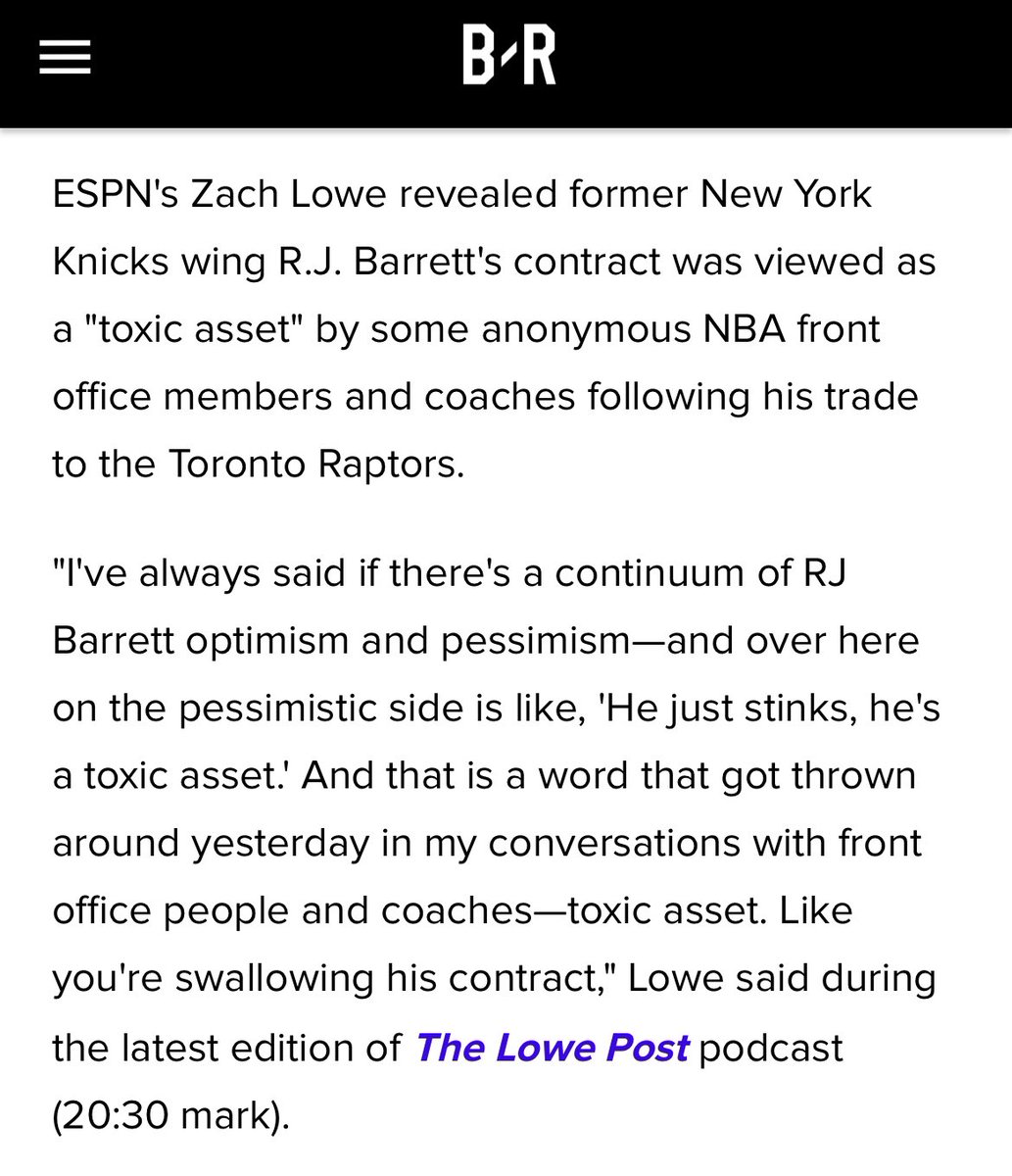 KnicksMuse's tweet photo. Zach Lowe reveals that some anonymous NBA executives believe that the Knicks got rid of a “toxic asset” in RJ Barrett. https://t.co/WjonpQMKuQ