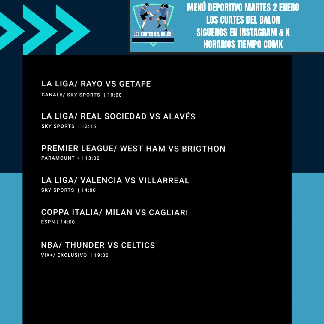 MENÚ DEPORTIVO MARTES 2 DE ENERO 2024
#LAPREMIERENPARAMOUNT #LALIGAEASPORTS #laligaporel5 #NBAENVIX #COPPAITALIAXESPN