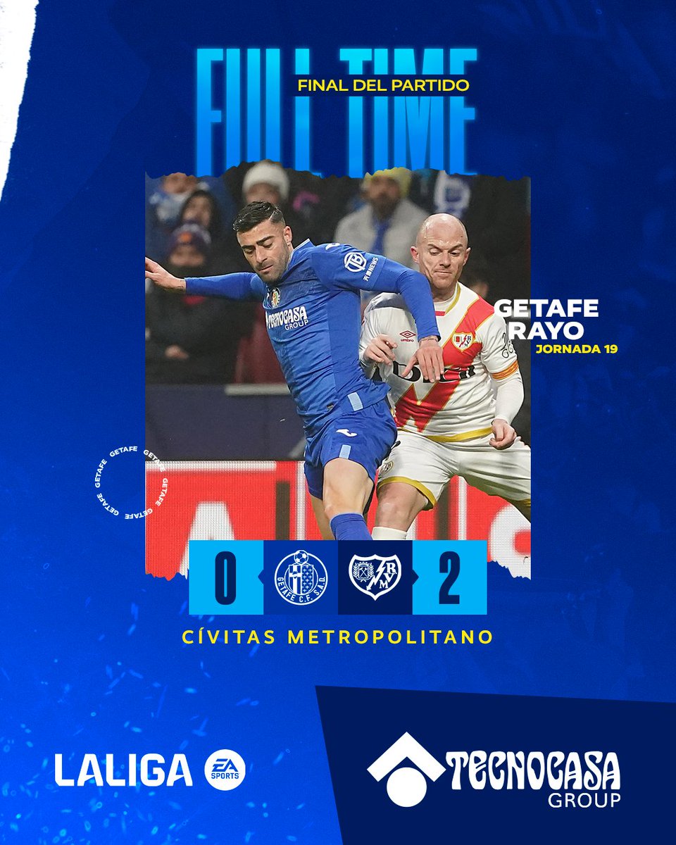 GetafeCF's tweet photo. Final del partido en el Metropolitano.
@GetafeCF 0-2 @RayoVallecano
No ha podido ser, azulones, desde 𝙔𝘼 trabajando en el próximo objetivo 🎯
#VamosGeta | #GetafeRayo https://t.co/fSmHz1BwYw
