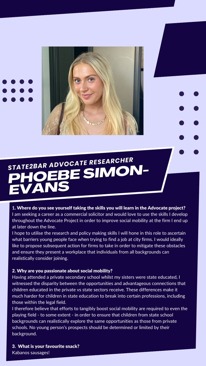 State2Bar's tweet image. Meet Phoebe, one of our Advocate Researchers!

#thebar #socialmobility #researcher