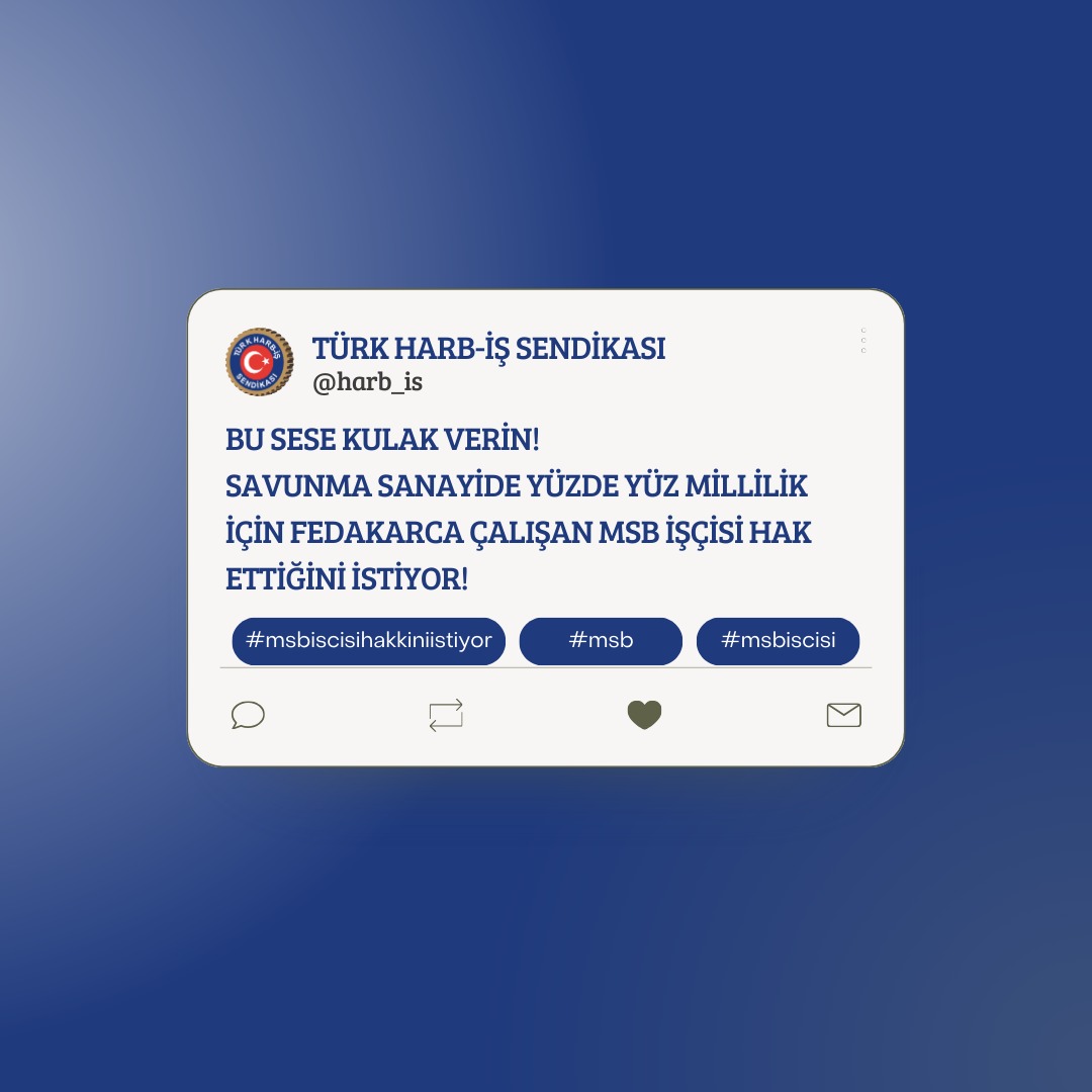 Bu sese kulak verin!
Savunma Sanayide yüzde yüz millilik için fedakarca çalışan MSB işçisi hak ettiğini istiyor!
#msbiscisihakkiniistiyor
<a href="/RTErdogan/">Recep Tayyip Erdoğan</a>
<a href="/tcbestepe/">T.C. Cumhurbaşkanlığı</a>
<a href="/tcsavunma/">T.C. Millî Savunma Bakanlığı</a>
<a href="/csgbakanligi/">T.C. Çalışma ve Sosyal Güvenlik Bakanlığı</a>