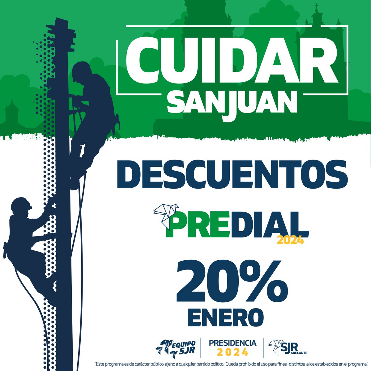RobertoCabreraV's tweet photo. 👉¡En equipo, cuidemos San Juan! Durante todo el mes de enero, aprovechen el 20% de descuento en el pago de su predial. ¡Juntos sigamos contribuyendo al desarrollo de nuestro querido municipio. ✨🙌

#EquipoSJR https://t.co/XwZ79WRymV