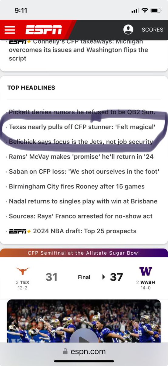 KeeganHall's tweet photo. Why is this espn’s primary headline from the game??

How about any of these:

- UW’s o-line dominates in win
- Penix carves up Texas defense for 430 yards
- UW’s defense makes key stop to win the game 

Give credit to the WINNING TEAM!!

Go Dawgs!! @UW_Football #PurpleReign https://t.co/i0G5omblP2