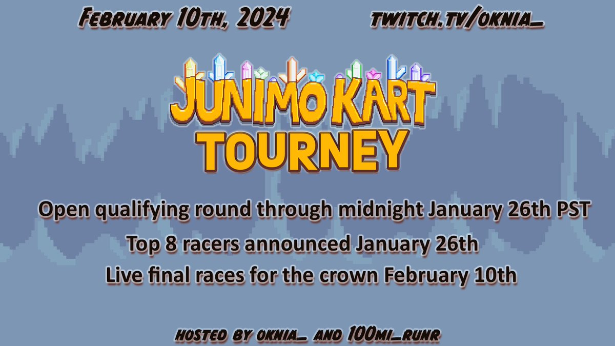 Junimo Kart tourney incoming! 100mi_runr and I had such a fun time bringing you the showcase last June that we want to hold a larger event for racers! You (yes, you) have until January 26th to submit runs to qualify (multiple submissions allowed). (1/3)