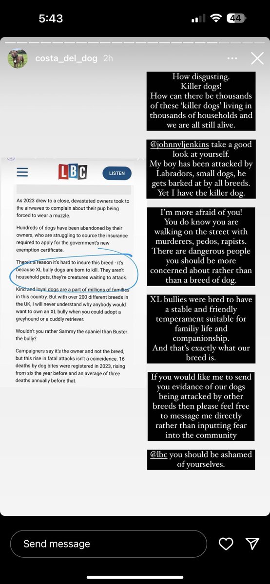 xleoniblower's tweet photo. @LBC 
Killer dogs YOU as a radio are absolutely disgusting. How dare you speak on something you have no clue about .
You are one of the reason these dogs are being demonised . I hope you are going to write about the xl bully who has just been burnt to death due to PEOPLE like u😡 https://t.co/c4dNGbZeCj