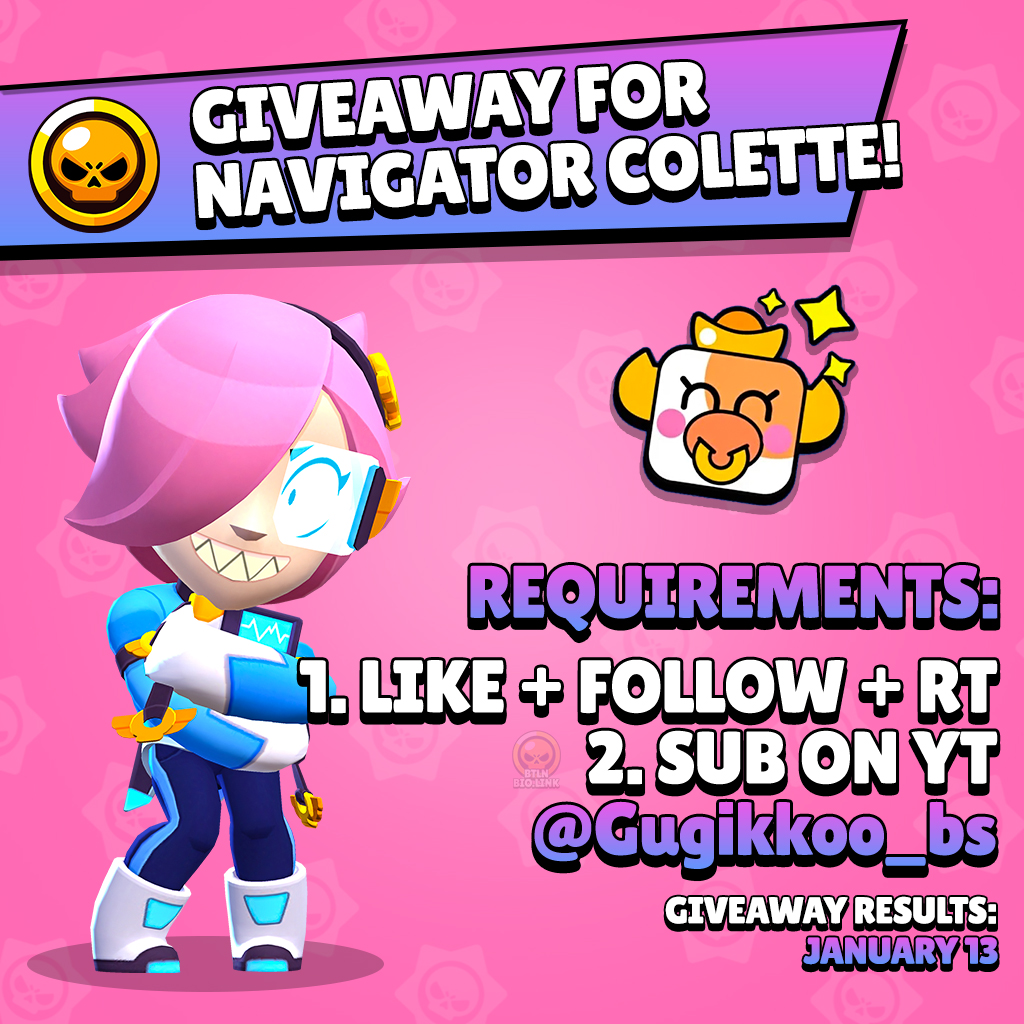 🤝 We have partnered up with Content Creator Gugikkoo to host a 1x Navigator Colette Giveaway!

❗ Requirements to enter:
- 👍 + 🔁
- Follow <a href="/BrawlStarsBTLN/">BTLN</a>
- Sub on YT: youtube.com/@Gugikkoo_bs (With proof)

📆 Giveaway Results: January 13

❤️ Good Luck!

#BrawlStars #StarrToon