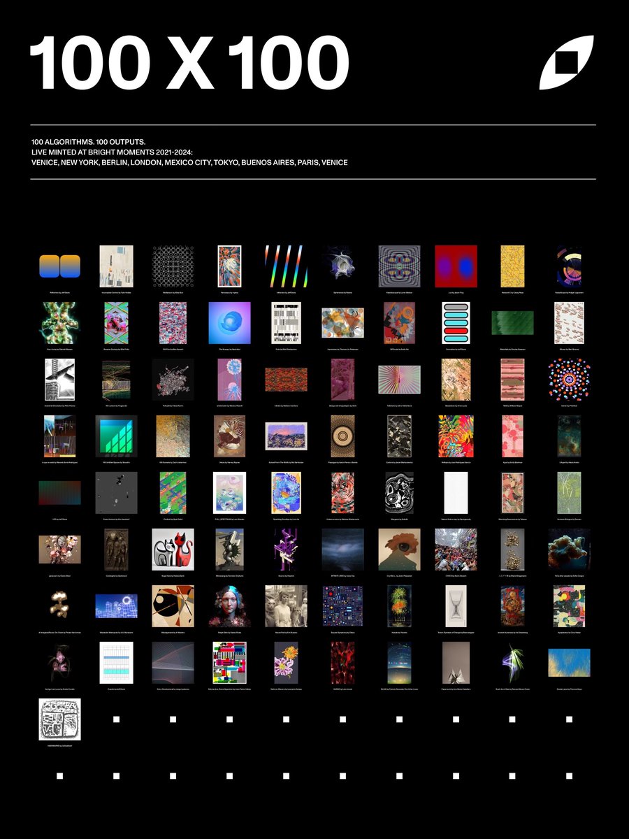 Bright Moments 100 x 100

100 algorithms. 100 outputs. Live minted at Bright Moments 2021-2024. 

Venice, New York, Berlin, London, Mexico city, Tokyo, Buenos Aires, Paris, Venice.