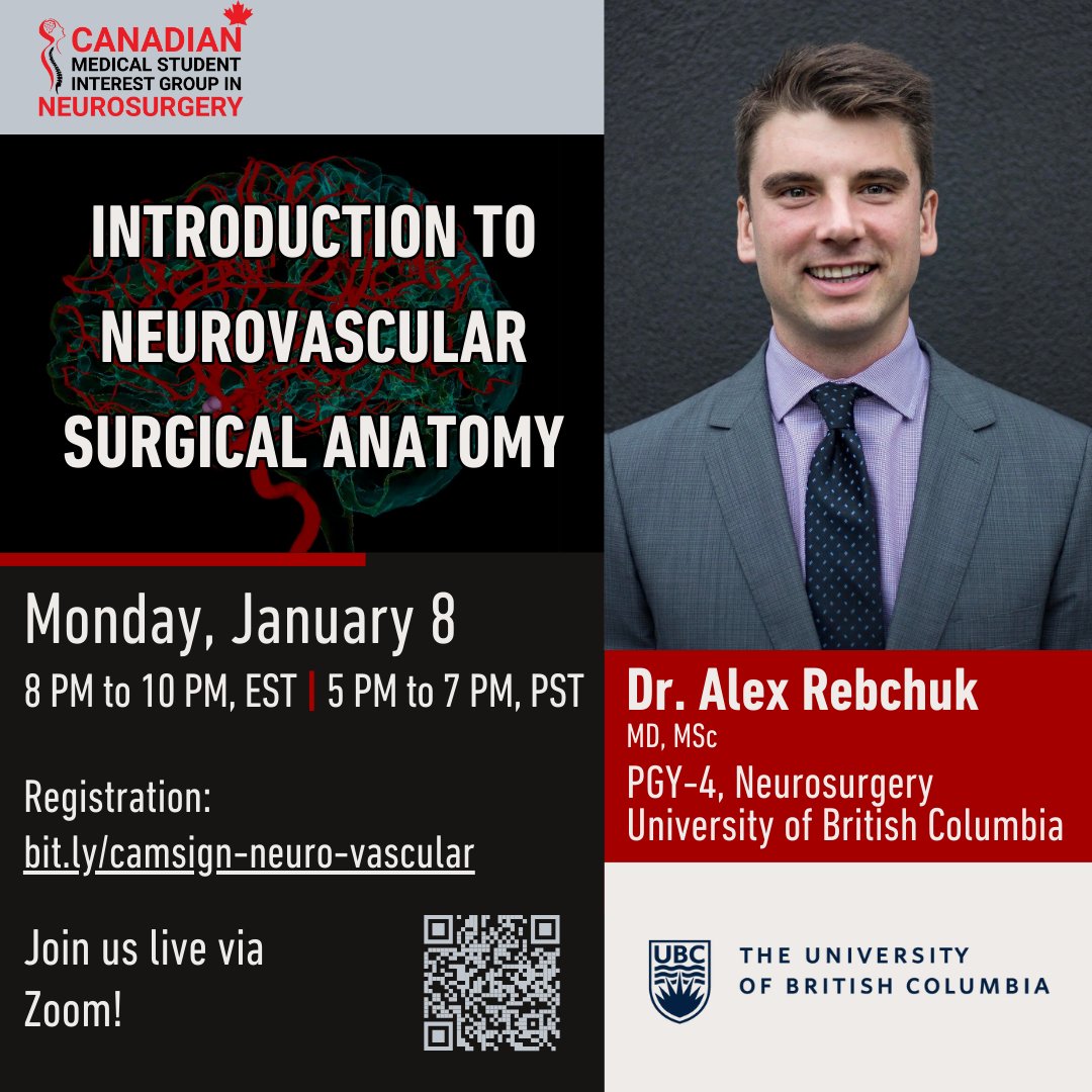 ca_msign's tweet photo. We are pleased to announce that #CaMSIGN's first 2024 event on vascular #neurosurgery will feature Dr.@AlexRebchuk from @UBCmedicine. In this session, we will go over neurovascular anatomy and discuss surgical cases. Click on the link below to register:
https://t.co/QNkNGTjJ9r https://t.co/Cizjqnv87w