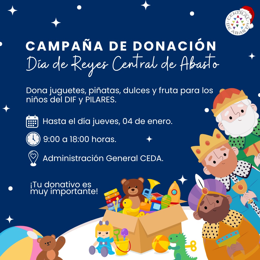 👧🪁🏀🧩 La Central de Abasto CDMX te invita a formar parte de la donación de juguetes para el #DíaDeReyes.
¡Juntos, provoquemos sonrisas a niñas y niños pertenecientes del DIF y PILARES! 🪀🧸👦
📍Administración General 
📅Hasta el 04 de Enero
⏰9:00 a 18:00 hrs.