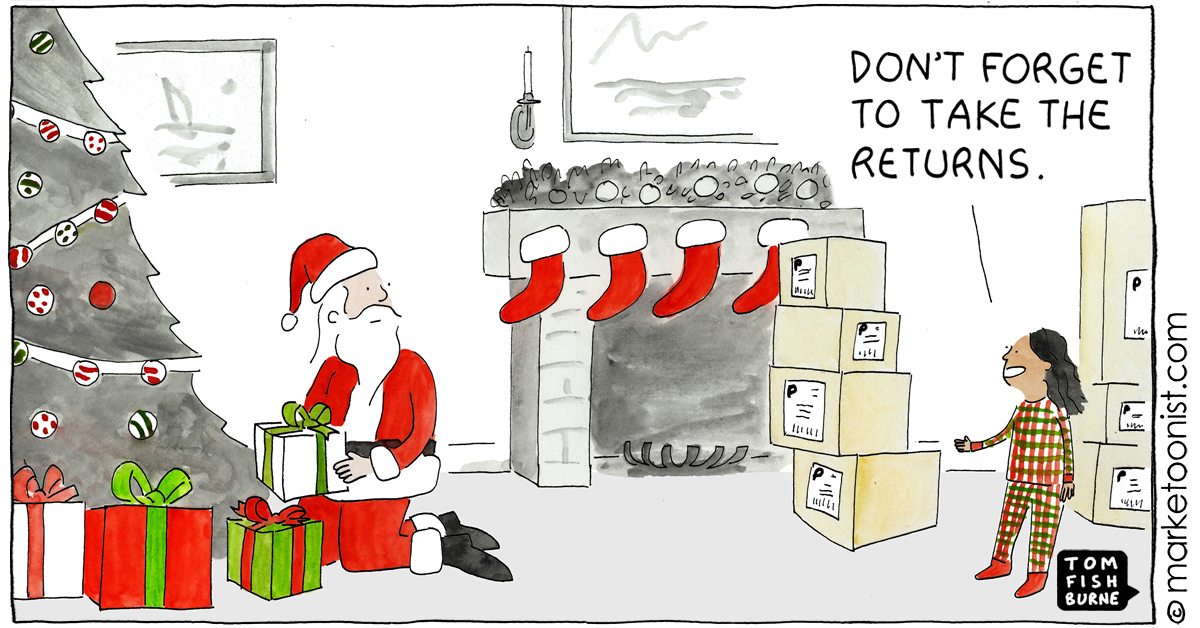 “Happy (Product) Returns” - new cartoon and post marketoonist.com/2023/12/happy-… “This year, shoppers in the US returned 14.5% of the items they purchased, valued at $743 billion. That’s nearly double the return rates of pre-pandemic 2019.” #marketing #cartoon #marketoon