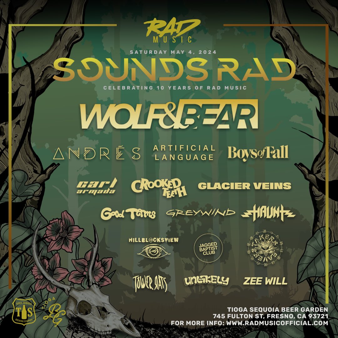Happy to be playing SOUNDS RAD on May 4th at Tioga Sequoia Beer Garden! Next tier of tickets goes on sale Friday January 5th! Ticket link below!

linktr.ee/wolfandbear