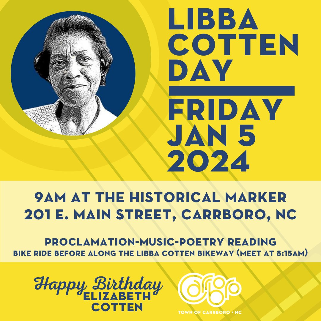 CarrboroGov's tweet photo. Mayor @BFoushee proclaims Friday, Jan. 5 #LibbaCotten Day in #Carrboro.
Come celebrate with us:
🚲Community Bike Ride (8:15AM-public parking lot at 108 E. Main St)
🎉Hear the proclamation & enjoy breakfast treats (9AM-Historical Marker on E. Main St)
ℹ️ https://t.co/8GC6z7YNPm https://t.co/Nk9LPbmVef
