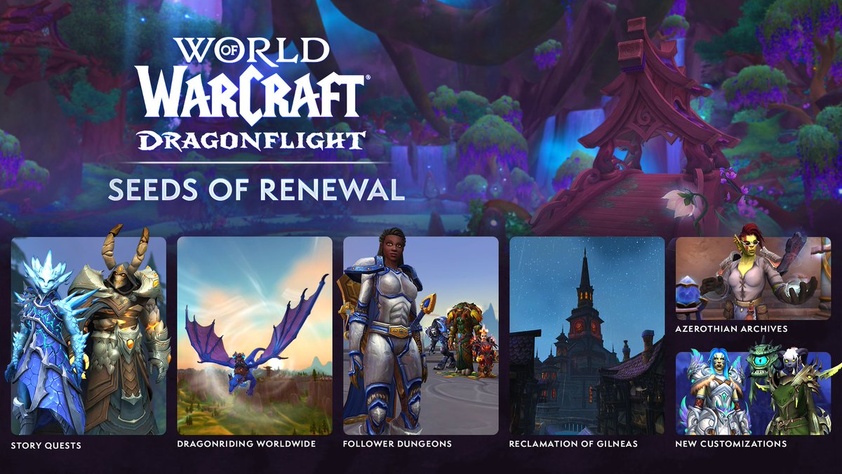 Seeds of Renewal arrives January 16. 📜 Dragon Isles Epilogues 🐉 Dragonriding Worldwide ⚔️ Follower Dungeons 🐺 Reclamation of Gilneas 🎉 And more!