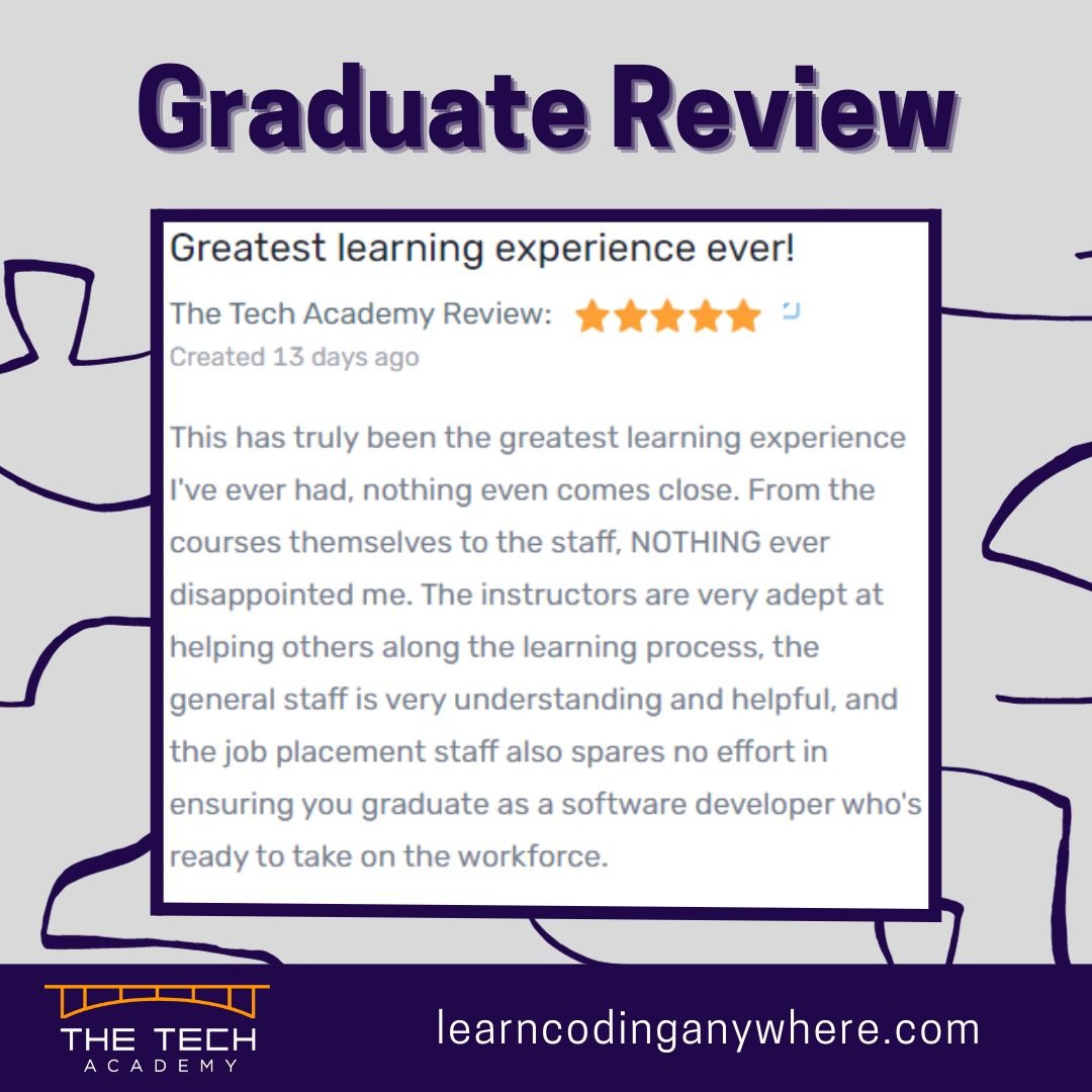TheTechAcad's tweet image. Check out this review from one of our recent graduates!
Our community is full of inspiring stories of growth, turning dreams into code.
Ready to make your mark in tech? Let's code your story together 🖥️: bit.ly/contactTTA
#TechJourney #CodeWithHeart