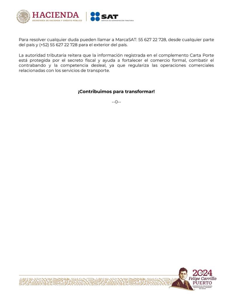 #ComunicadoSAT

El SAT informa que el periodo de convivencia entre las versiones 2.0 y 3.0 del complemento Carta Porte se extiende al 31 de marzo de 2024.

Asimismo, recuerda que el 31 de diciembre de 2023 concluyó la prórroga para la no aplicación de multas y sanciones, que para
