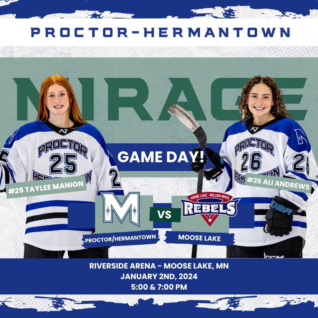 ✨MIRAGE GAME DAY!✨

Happy New Year! We’re excited it’s game day again! The Mirage take on Moose Lake tonight on the road! 

Let’s go, Mirage!!! #hardworkworks 

📍Riverside Arena
🆚 Moose Lake
⏰ 5:00/7:00 PM

📸 <a href="/FreewayNorth/">Freeway North Photography</a>