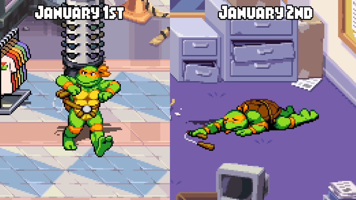 TributeGames's tweet photo. Anyone else feeling very much like January 2nd Michelangelo after coming back to work today? 🫠 https://t.co/Iq13NW0my9