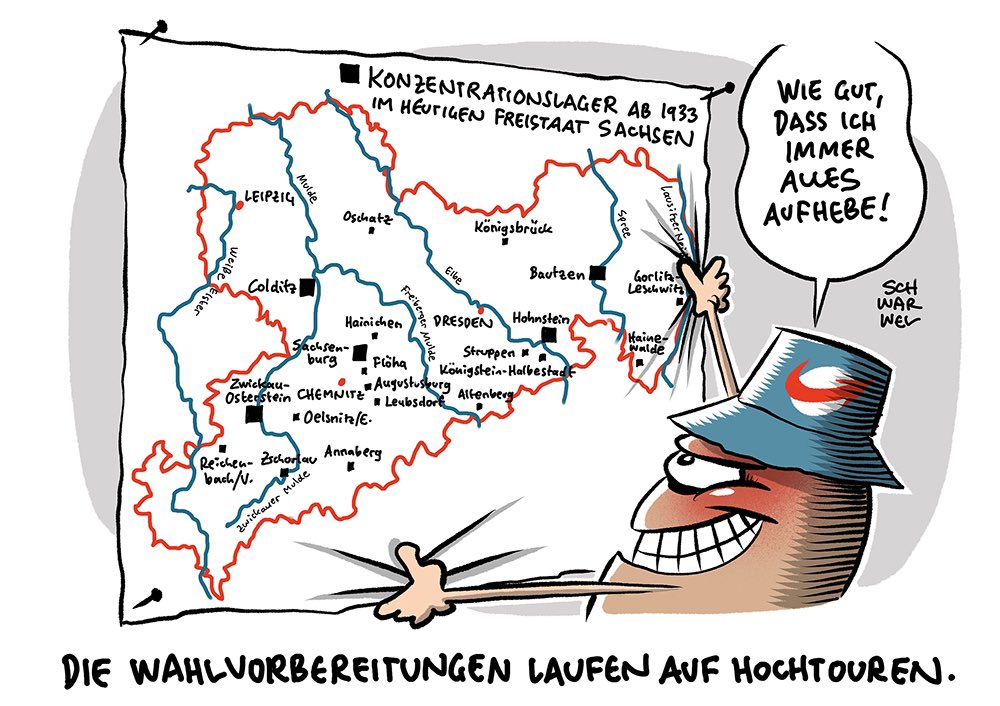 TSchwarwel's tweet photo. „Meinungsforschung in Sachsen:
AfD auf 37 Prozent, CDU auf 33 Prozent, andere Parteien einstellig abgeschlagen“
#AfD #sachsen #rechtsextrem #schwarwel https://t.co/RyHgyDOGo6