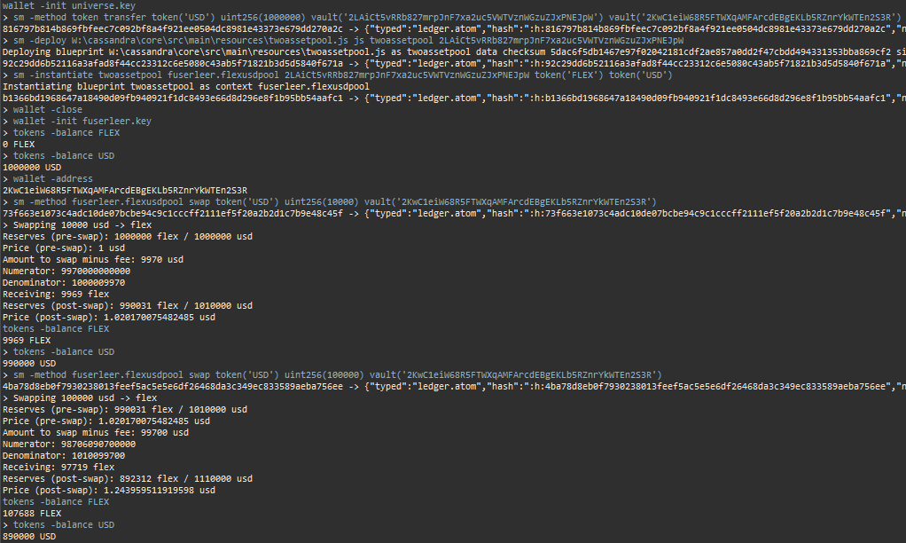 Just performed what I believe to be the first #sharded #atomic #swap on the latest #cassie build🥳 Contract state present in shard 1, pool liquidity present in shard 4, user funds in shard 6🤘 8 shard network with all validator sets involved reaching consensus & finality within…