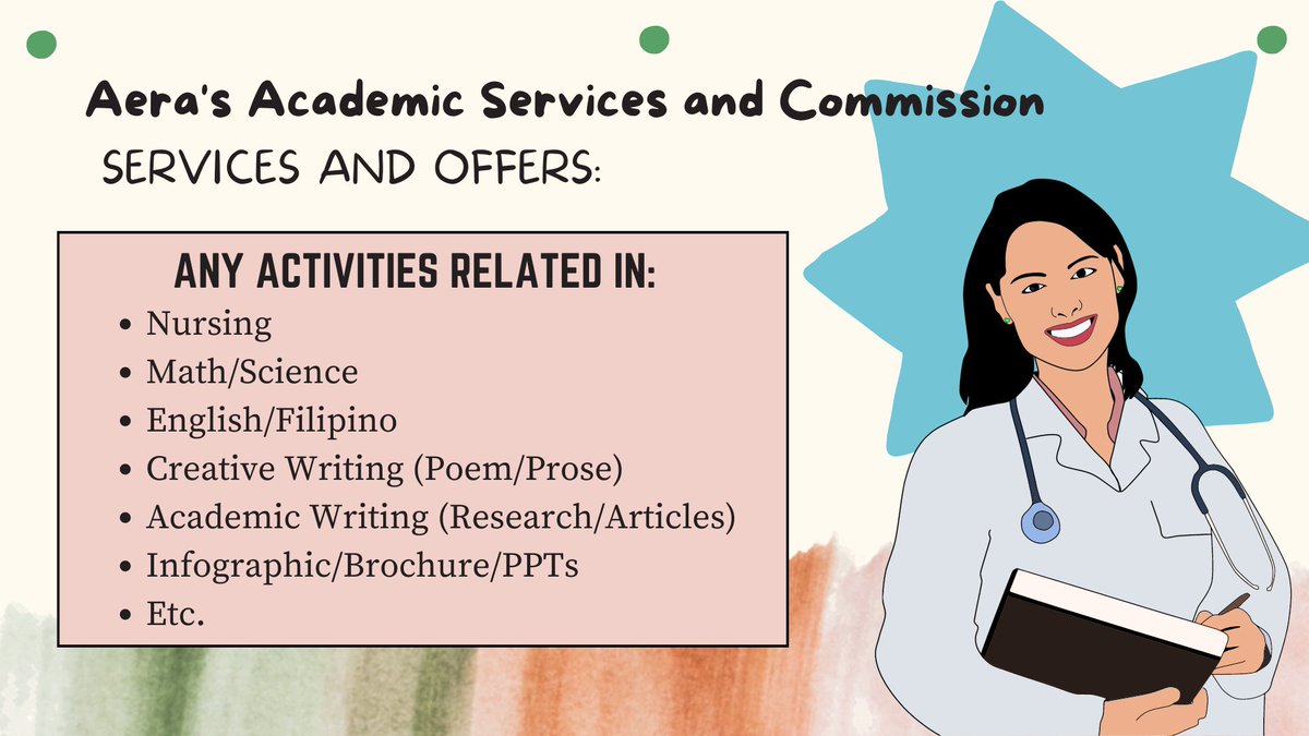 LOOKING FOR CLIENTS 💌
📌 Budget Friendly 👌
📌 Flexible Rates (depende sa offer niyo)

Forte/s:
• Nursing Related (NCP/FNCP, Case Presentation, Drug Study, Case Analysis, etc.)
• Science/Math Related
• Creative Writing
• Academic Writing
• Etc.

We accept RUSH activities.