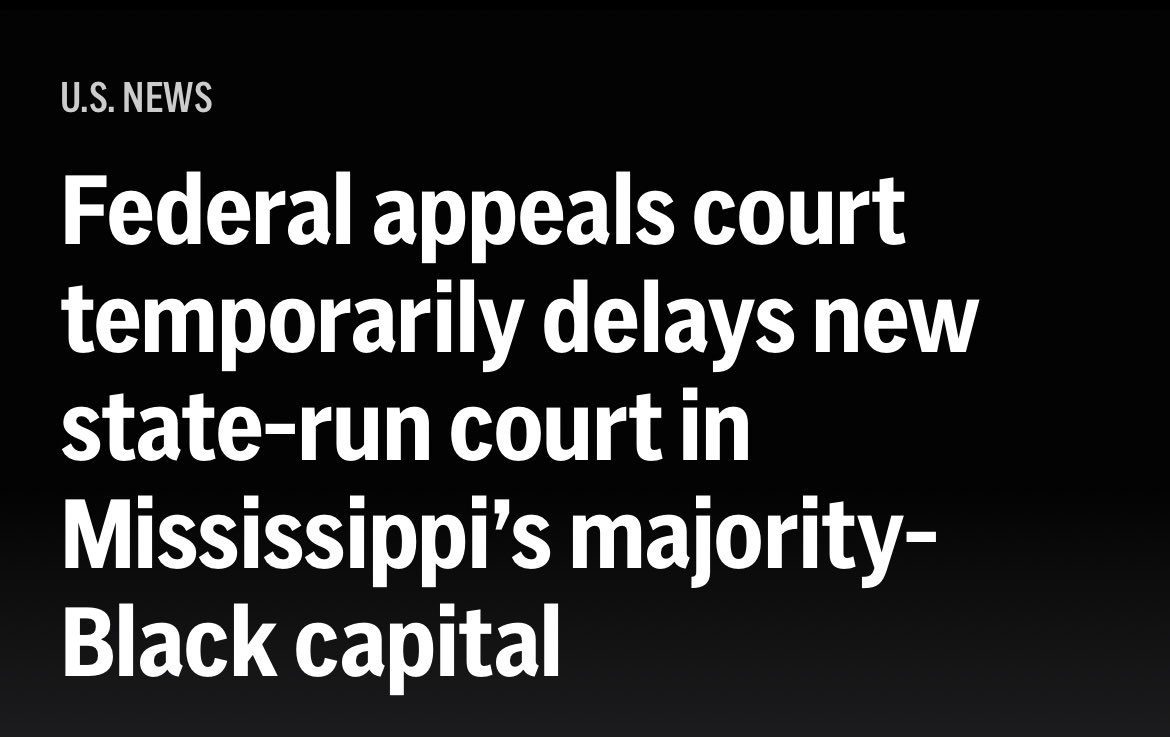 This new state-run court is another racist attempt to undermine democracy. The people of Jackson should be allowed to govern themselves just like every other city. 

The federal government must do the right thing and delay this court permanently! #SaveMississippi #MSpol