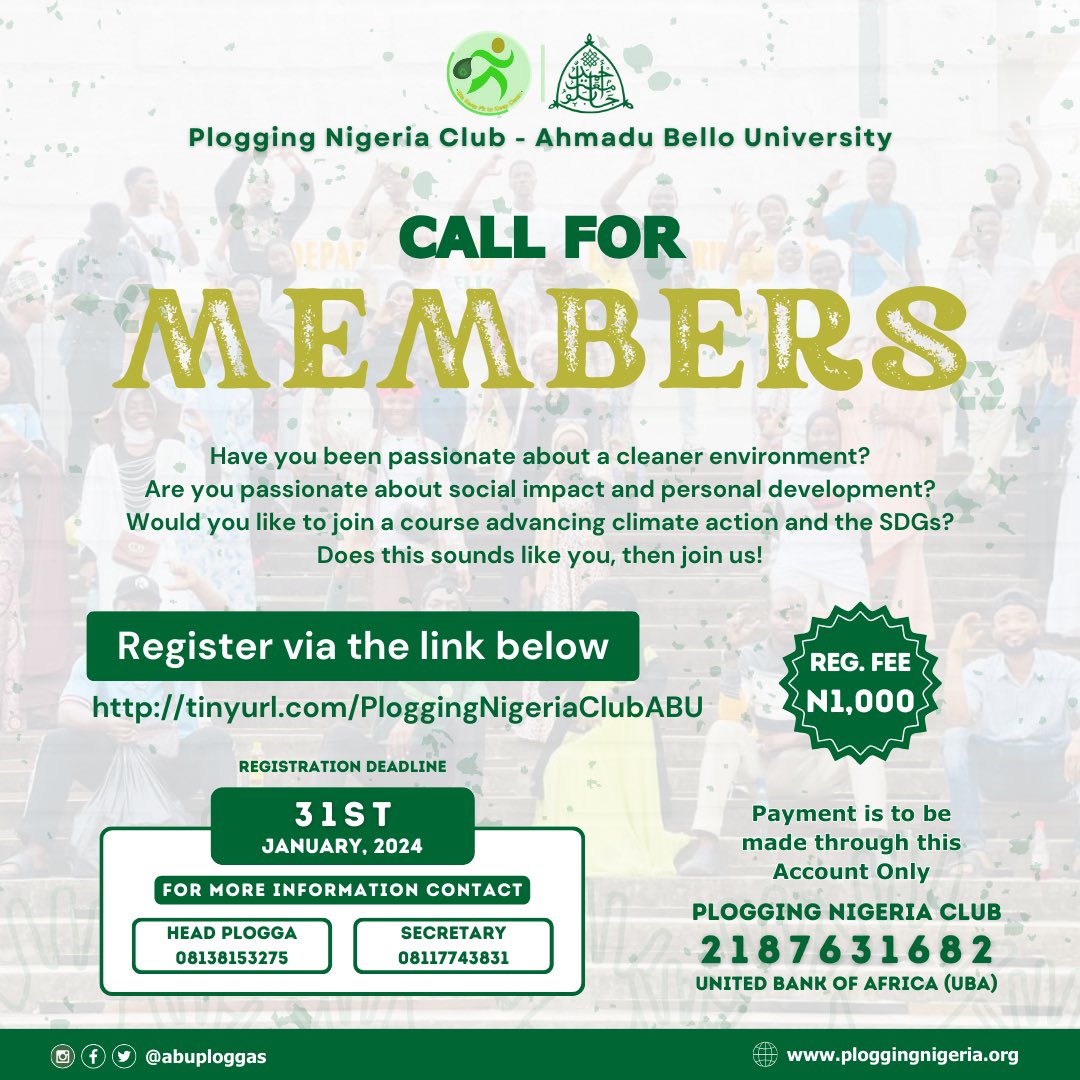 Elevate your workout routine with Plogging Nigeria Club at ABU, Zaria! 🌟 Jog, squat, and stretch your way to a cleaner environment. Be part of a dynamic community driving responsible waste management. Don't miss out on the fitness revolution – register today! 🏃‍♀️💚