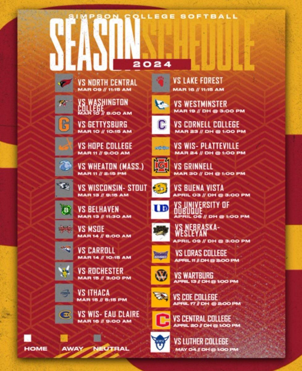 ⚡️2024 SIMPSON 🥎 SCHEDULE⚡️

⭐️ - 13 Games vs. 2023 NCAA Tourney Teams!
⭐️ - 16 Games in the strong American Rivers Conference!
⭐️ - Games in Florida, Missouri, Wisconsin &amp; Iowa!
⭐️ - Save the dates now to cheer on Storm Softball! 🌪⛈️

Full schedule: bit.ly/3H3dDtb