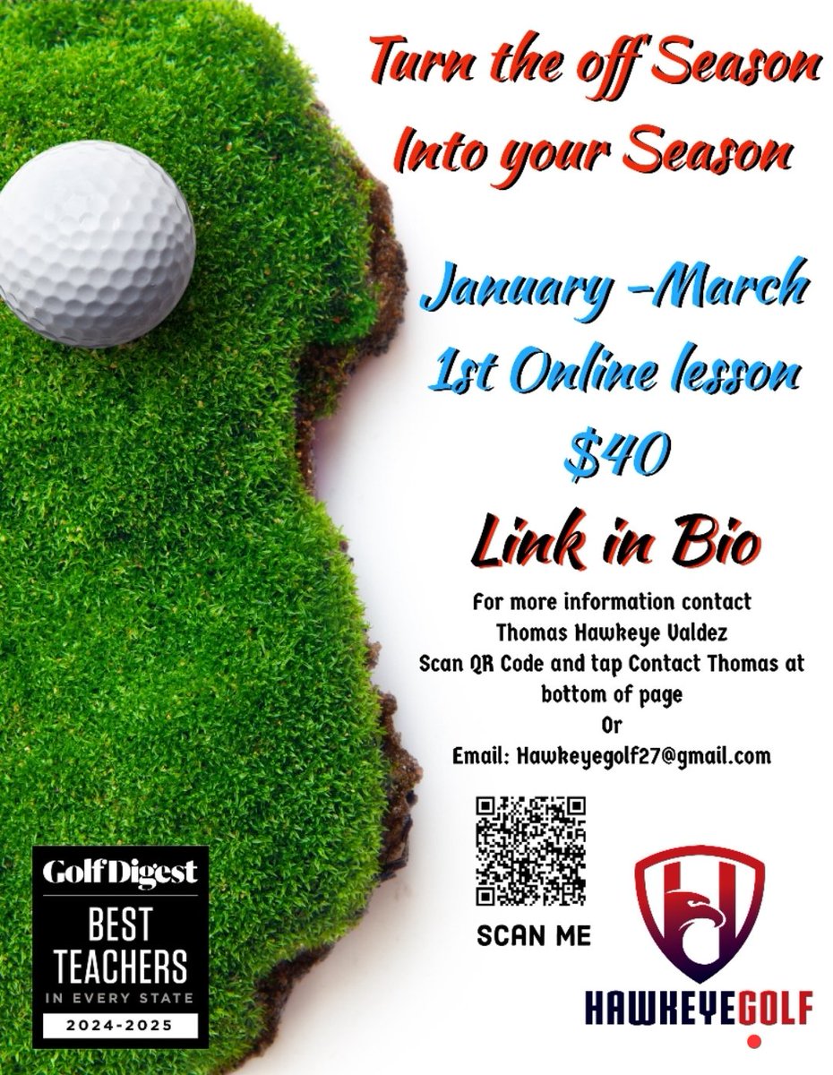 hawkeyegolf's tweet photo. Let's make 2024 the best for your golf game. Click the link to purchase your first lesson or scan the QR code to contact me.
#pgacoach #pga #onlinecoaching #onlinecoach #golf #2024

https://t.co/WrVFEOKUyG https://t.co/ZSmgH9gZXZ