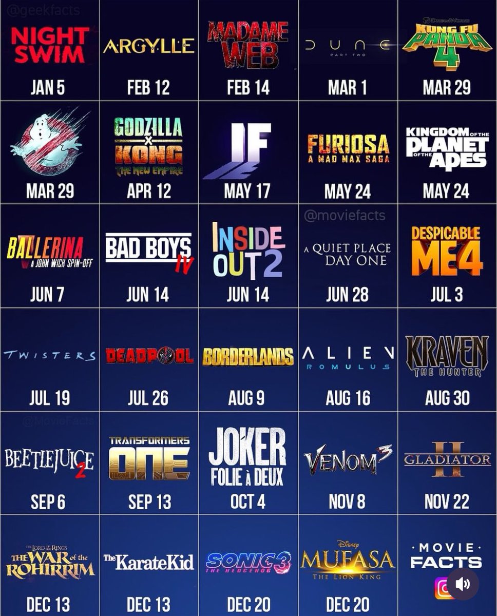 Calendario de películas para este 2024 🎬 

Hecho por @ moviefacts en Instagram🍿
