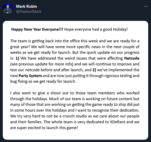 QNDZYcom's tweet photo. Breaking: Update from Mark Rubin on XDefiant.

🔹Netcode Issues Fixed
🔹New Party System Implemented

We're getting closer!