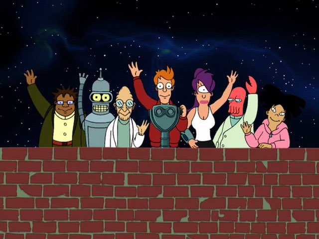 There it is! The edge of the universe!

Far out! So there's an infinite number of parallel universes?

No, just the two.

Oh, well, I'm sure that's enough.

I'm sick of parallel Bender lording his cowboy hat over me! Let's move on to Fry's next fantasy.

#Futurama