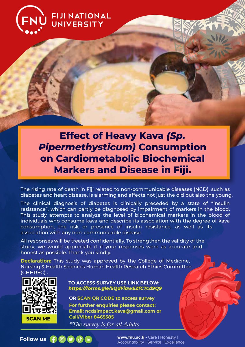 FNUFiji's tweet photo. ✅Partake on this study on “Effect of Heavy Kava (Sp. Pipermethysticum) Consumption on Cardiometabolic Biochemical Markers and Disease in Fiji."

Seeking your participation by clicking on this survey link https://t.co/3quInStjAG or scanning the bar code 👇. 

#TeamFNU #CMNHS https://t.co/OviGMXJlyG