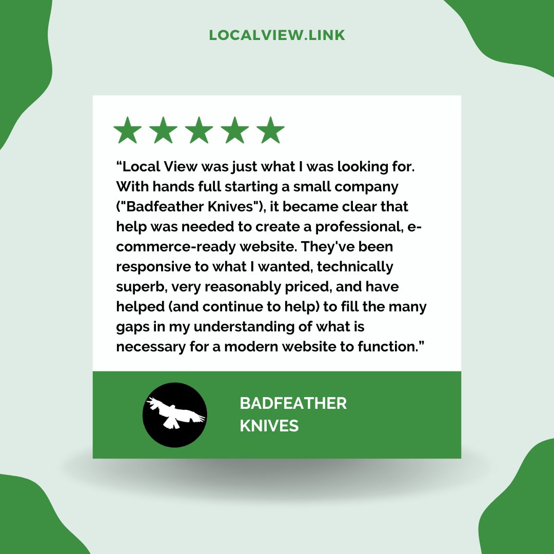 davidlocalview's tweet image. As a #smallbusiness, we recognize the dedication and hard work it takes to run your own business. That is why we are passionate about providing startup businesses, like BadFeather Knives the necessary tools for their business to succeed. #LocalView #DigitalMarketing