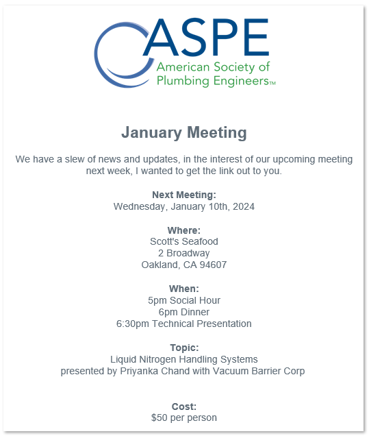 With the holidays behind us ASPE San Francisco is returning to Scott's Seafood for our first chapter meeting of 2024. We have some great presentations lined up for this year and hope to see everyone there!

Register Here: t.ly/HGOBW
#aspe_sf #plumbingdesign