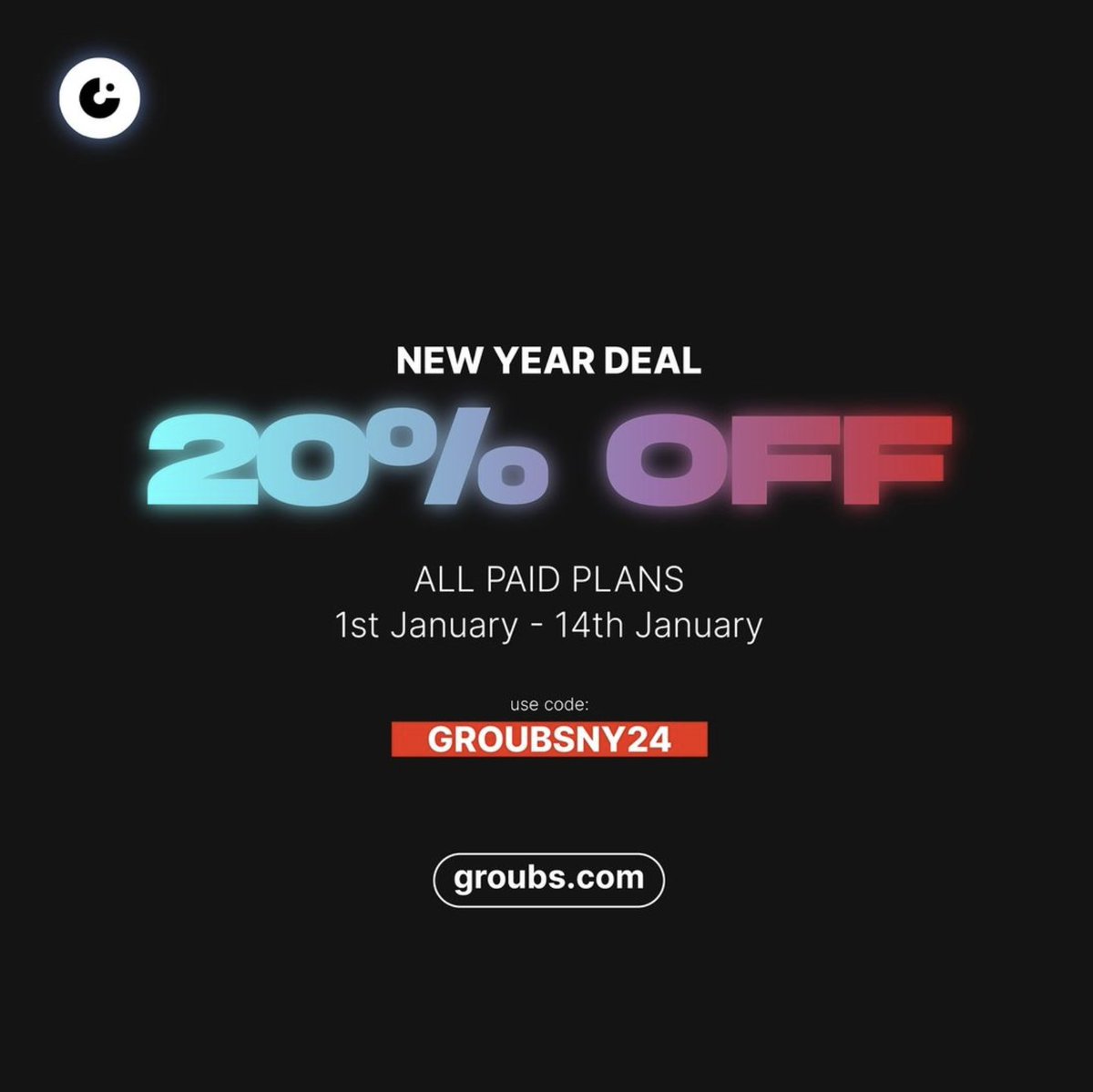 stekerio's tweet photo. Cheers to a Sparkling New Year! 🥂✨ Unlock 20% off on all paid plans with code GROUBSNY24. Elevate your community, boost engagement, and start the year right! 🚀🌟 Offer valid from January 1st to 14th, 2024. Let the celebration begin! 🎉

#Groubs #GroubsNewYearOffer #NewYearOffer #GroubsCommunity #2024Kickoff
