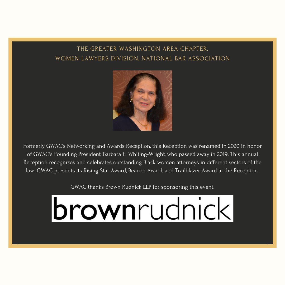 GWACBAR's tweet photo. Happy New Year! GWAC is getting back to business with our Barbara E. Whiting-Wright Networking and Awards Reception on Thursday, 1/4/24. Thank you to Brown Rudnick for sponsoring the reception this year! You can register here: https://t.co/hO4QyBafw6 or using the link in the bio. https://t.co/Dkg5LGwnl8