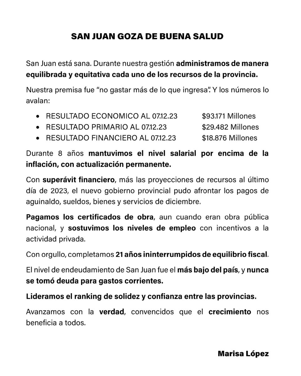 𝗦𝗔𝗡 𝗝𝗨𝗔𝗡 𝗚𝗢𝗭𝗔 𝗗𝗘 𝗕𝗨𝗘𝗡𝗔 𝗦𝗔𝗟𝗨𝗗

San Juan está sana. Durante nuestra gestión administramos de manera equilibrada y equitativa cada uno de los recursos de la provincia.