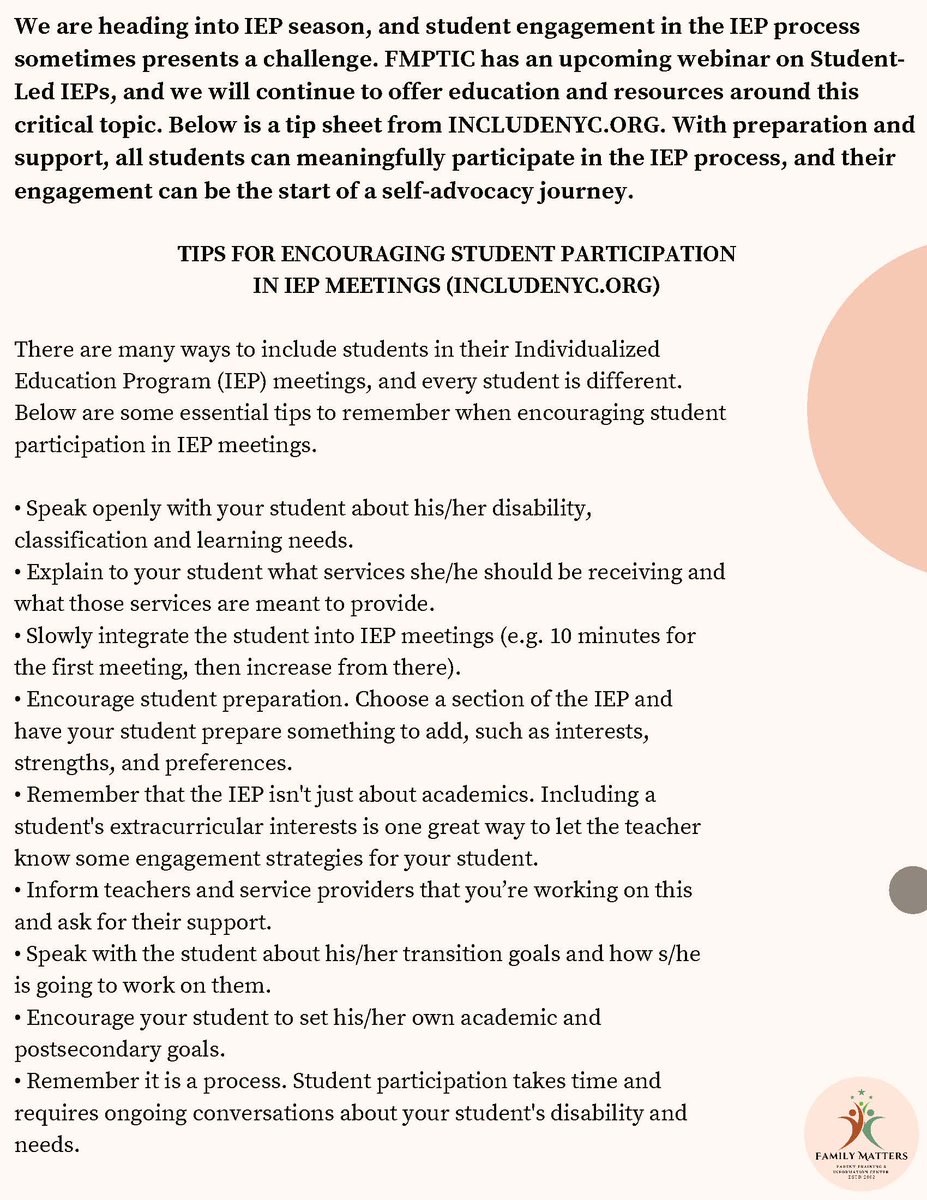 StudentLedIEP's tweet photo. Family Matters (an Illinois/PTI) included tips for @StudentLed IEP mtgs. A great way to introduce Ss re: disability is getting them to see other #YouthLeaders. Once you see/hear a #SelfDetermined Youth/You're hooked!
What's your practice putting Youth front & center?
@FRCDPTI https://t.co/7k0GyzM2Ov