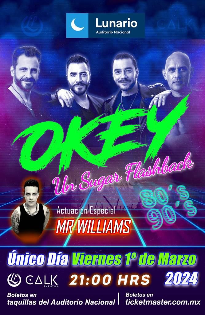 ¡Revivamos esa época dorada de los 80 con Okey a tiempos de alegría y diversión!
El sonido eterno de una generación que celebra su pasado con el corazón lleno de música.
Dará inicio el show con MR WILLIAMS, donde reviviéremos los grandes éxitos de Rock.