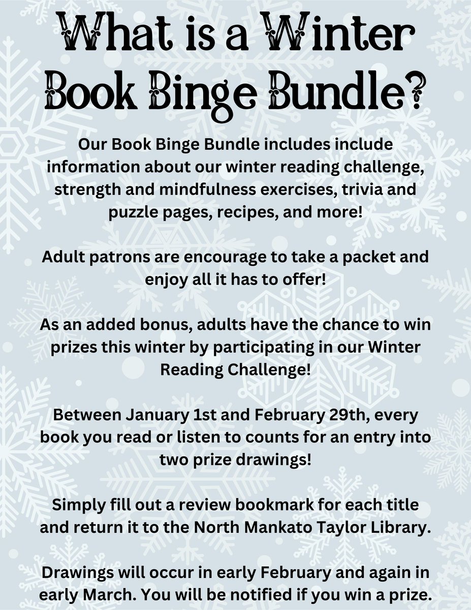 Our Winter Reading Program starts today! Pick up your book binge bundle from the library or find it on our website! northmankato.com/news_detail_T4…
