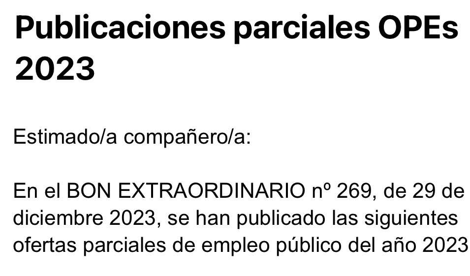 En el BON EXTRAORDINARIO nº 269, de 29/12/23, se han publicado las siguientes OPEs parciales
DF 304 (14 vacantes del Nivel A en SNS-O), 
DF 306 (5 del Nivel A en ISPLN y 66 vacantes del Nivel A en SNS-O)
DF 308 (8 de Veterinario y 4 de Biólogo en Desarrollo Rural y Medioambiente