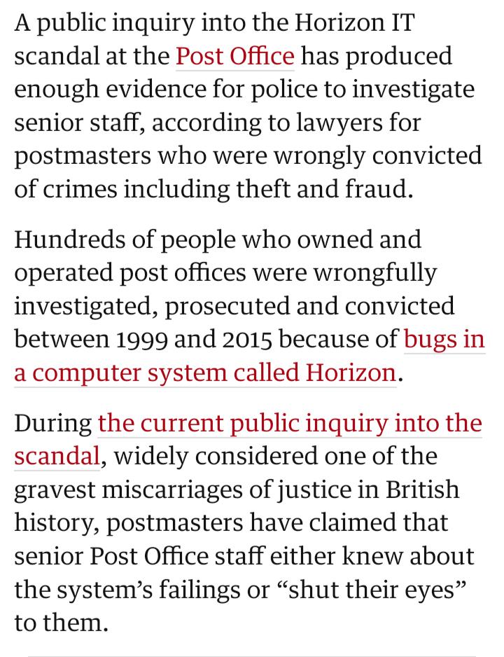 Was angry about this story having followed it from the start but having now watched #MrBatesVsThePostOffice I'm incensed. I truly hope this bit in The Guardian turns out to be accurate and #PaulaVennells #angelavandenbogerd and others are prosecuted