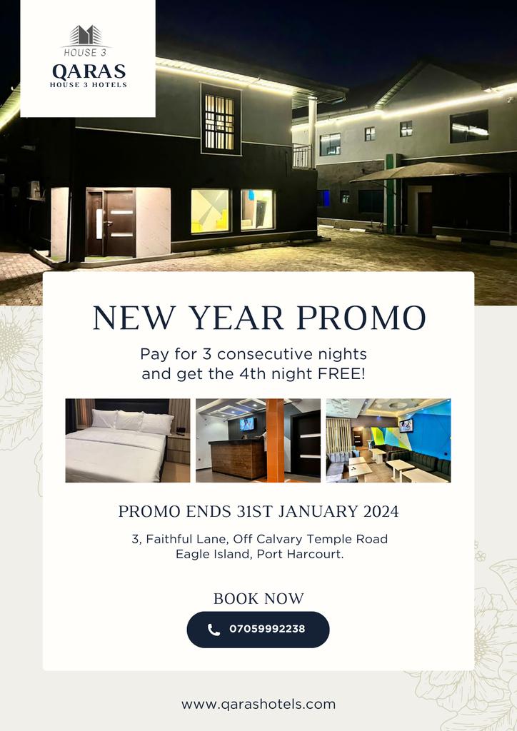 NEW YEAR PROMO !! 🎉 Book 3 nights, and we'll throw in a 4th night for free! Your extra night is on the house. Start 2024 with a bang – reserve your stay now!
Promo ends 31st January 2024.

 #newyeardeal #promo #qarashouse3 #portharcourtbusiness #portharcourthotels #naijahotels