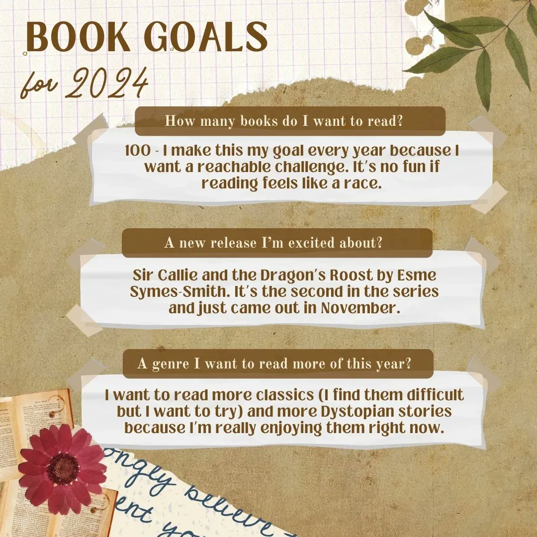 bardicbramley's tweet photo. Finally - my book:page summary, and my goals for 2024. 
I need to get my hands on the second Sir Callie book, and dystopia might be one of my new fav genres 👀 

Would love to hear some other people's goals too! Happy New Year all 💖 https://t.co/yLIV8AzPKS