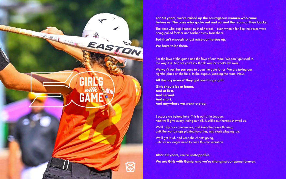 We enter 2024 kicking off a year-long celebration of the incredible #GirlsWithGame who have changed our game and look to inspire the next generation to step up to the plate. #GWG50 is proudly supported by @DICKS! → littleleague.org/girlswithgame5…