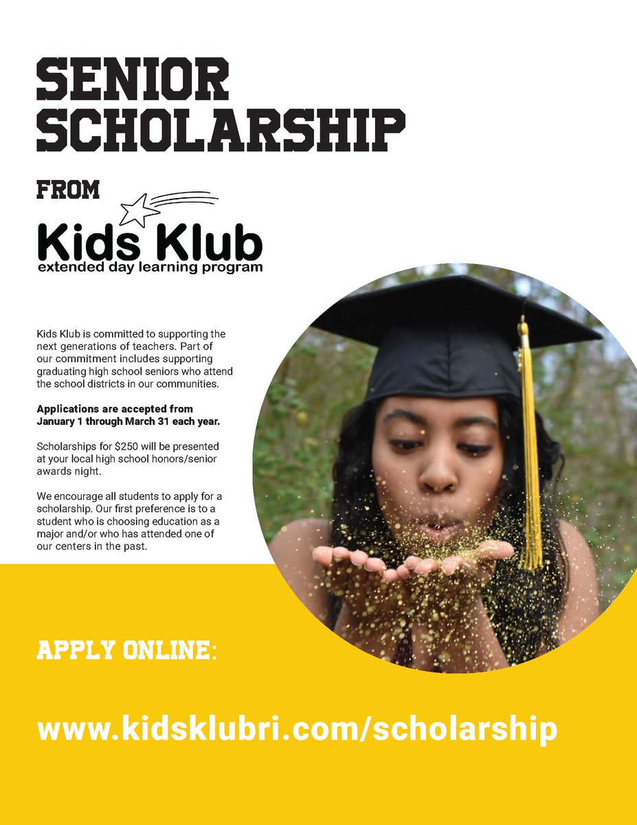 EnrichEdRI's tweet photo. Please share! Kids Klub is committed to supporting the next generations of teachers. 🎓 We support graduating hs seniors in our communities. We encourage all students to apply for a scholarship! For info &amp; to apply: https://t.co/U0xFEV9V8L
Applications from 1/1-3/31 each year. https://t.co/RMGKMp6ViR