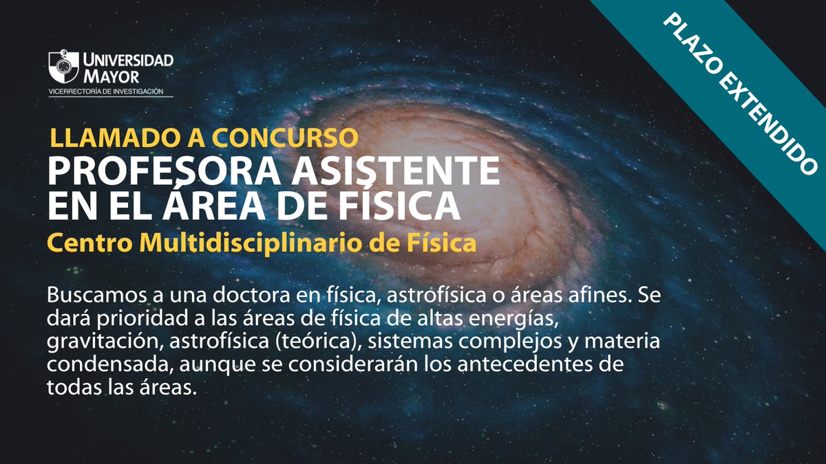 InvestigaUMayor's tweet photo. 📢Extendimos el plazo📢 El Centro Multidisciplinario de Física #UMayor ha extendido el plazo para postular al concurso de profesora asistente hasta el 22 de enero 2024. Revisa los detalles en https://t.co/3swnIbkFIg https://t.co/WNxRw3B1Lk