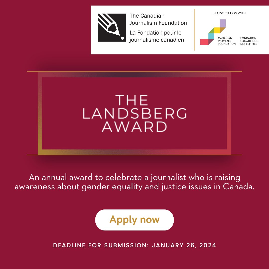 cdnwomenfdn's tweet photo. Apply now: https://t.co/hKStBPTCja
 
Named after Michele Landsberg and presented annually by the @cjffjc, in association with the @cdnwomenfdn, this award recognizes a journalist doing exceptional research and writing through a gender lens about women’s equality issues in Canada. https://t.co/QSBMg0TMnn